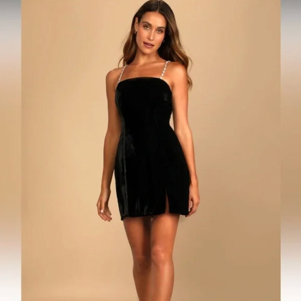 Lulus Loaded with Luxe Black Velvet Rhinestone Bodycon Mini Dress Size Small